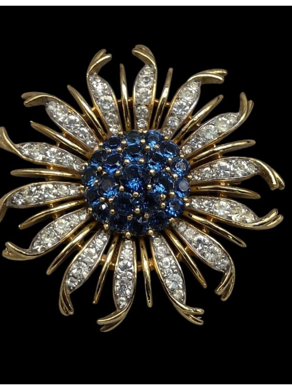 Vintage Crown Trifari Alfred Philippe Blue Crystal Chrysanthemum Flower Brooch - Picture 14 of 16